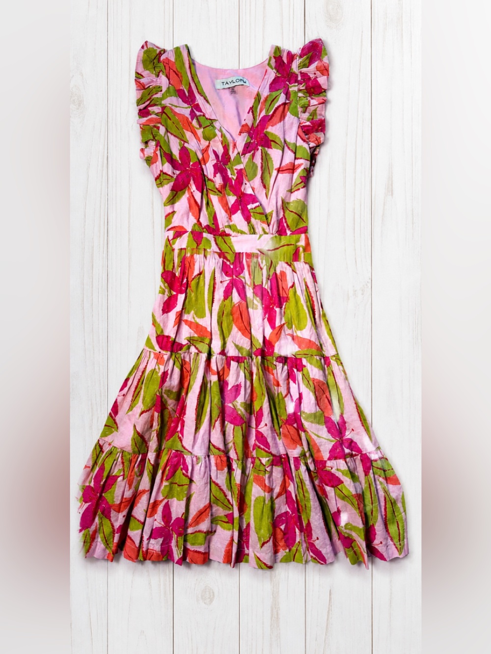 NWT Taylor Printed Lawn Mini Dress Pink Green Floral Tiered Flutter Sleeve Med